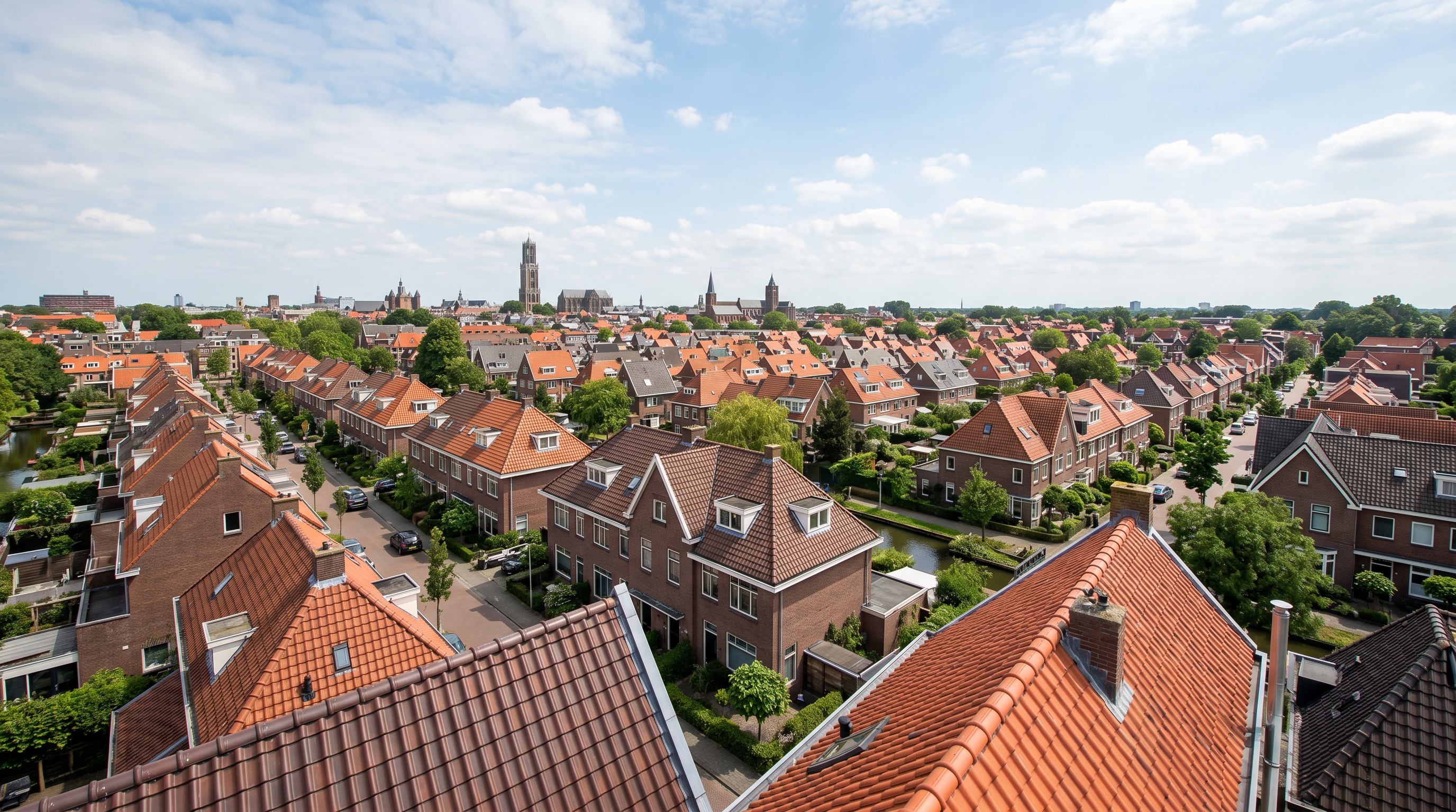 Luchtfoto van de schuine pannendaken van Utrecht met de Domtoren op de achtergrond